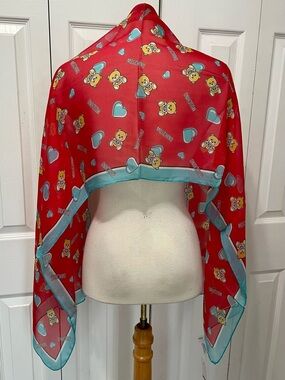 Moschino Red Silk Scarf with Blue Trim and Yellow Teddy Bear Motif